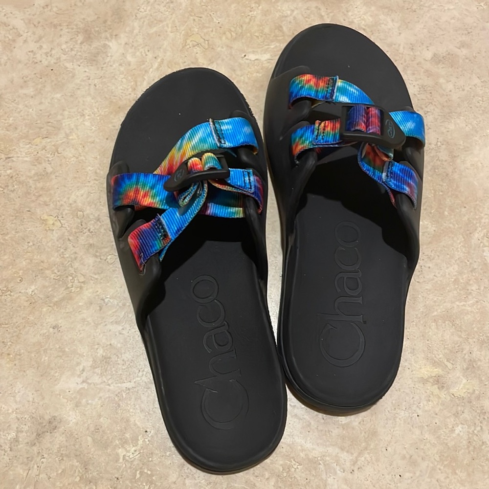 Chaco Kids' Black Slide Sandals with Rainbow Tie-Dye Straps
